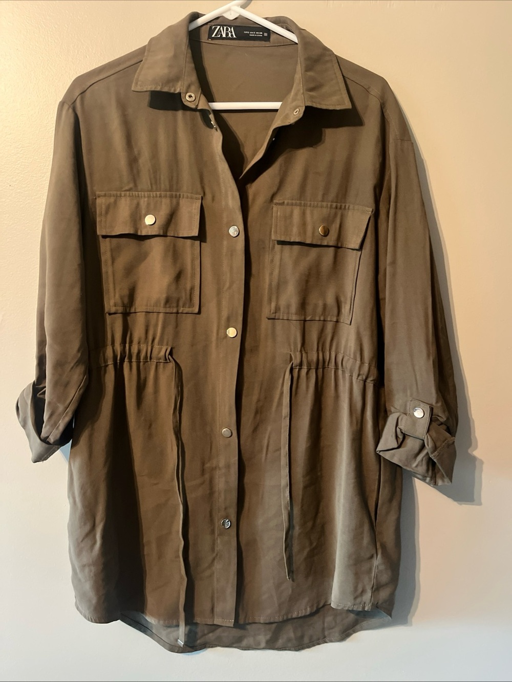 Women’s Zara Olive Green Long Sleeve Shirt Dress Small Button Up Cinch Waist